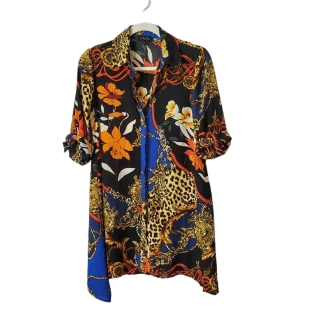 Black and Orange Floral Shirt Dress with Rolled Sleeves